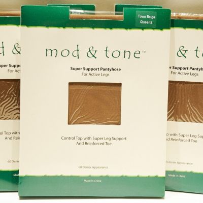 Mod & Tone 60 Denier Super Support Pantyhose size Queen 2 Town Beige 3 pairs